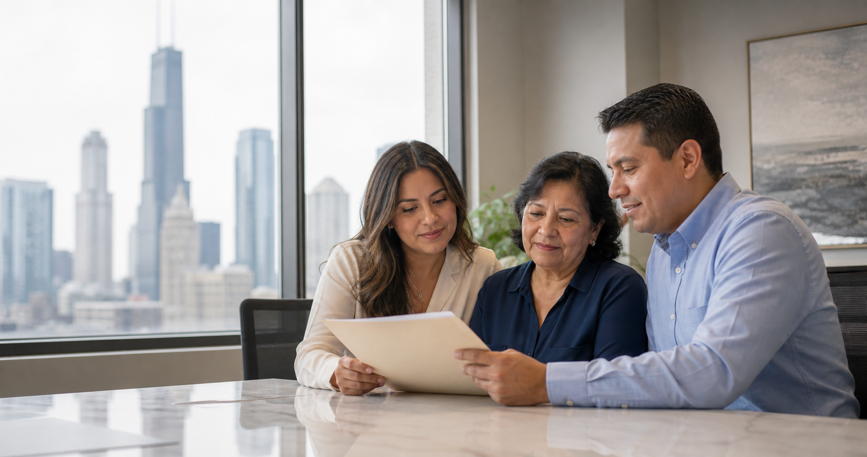 Familia revisando documentos legales en Chicago
